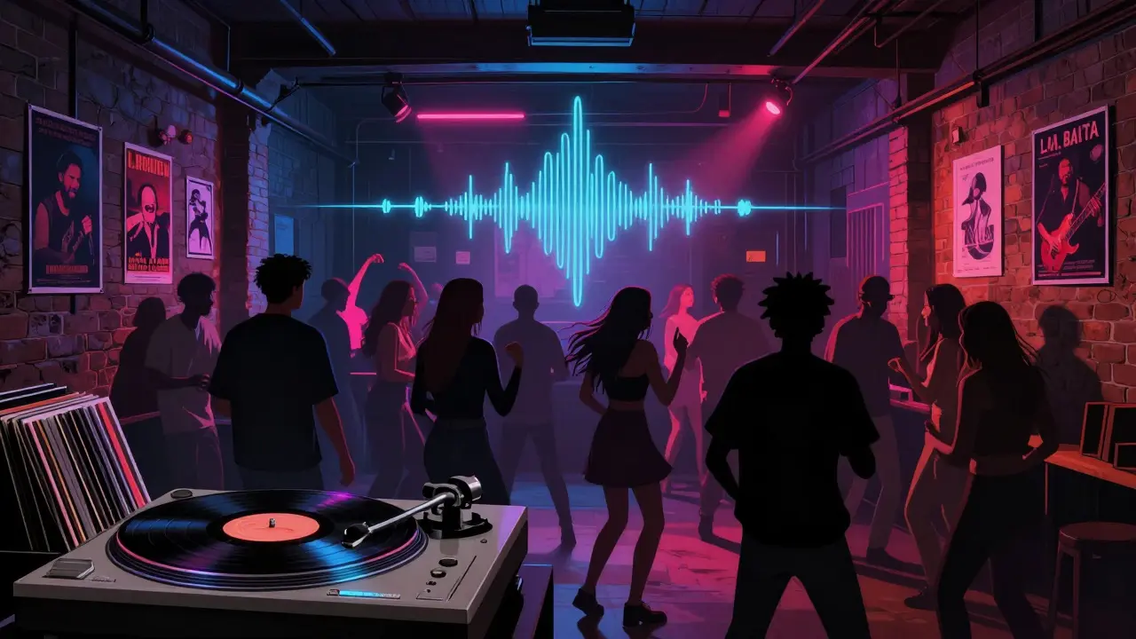 Underground club La Baita with dancers under neon lights and vinyl records spinning.