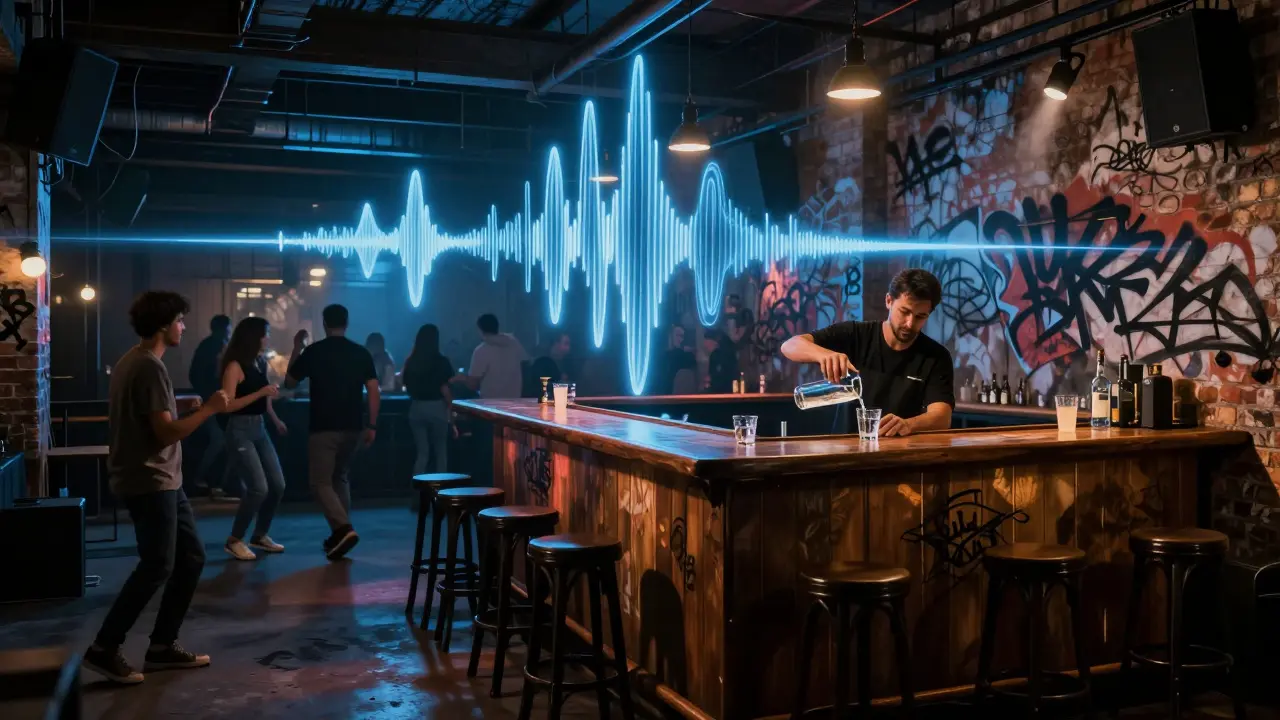 Underground club with dim lights and industrial vibe, people dancing near a simple bar, bass vibrations visible in the air.