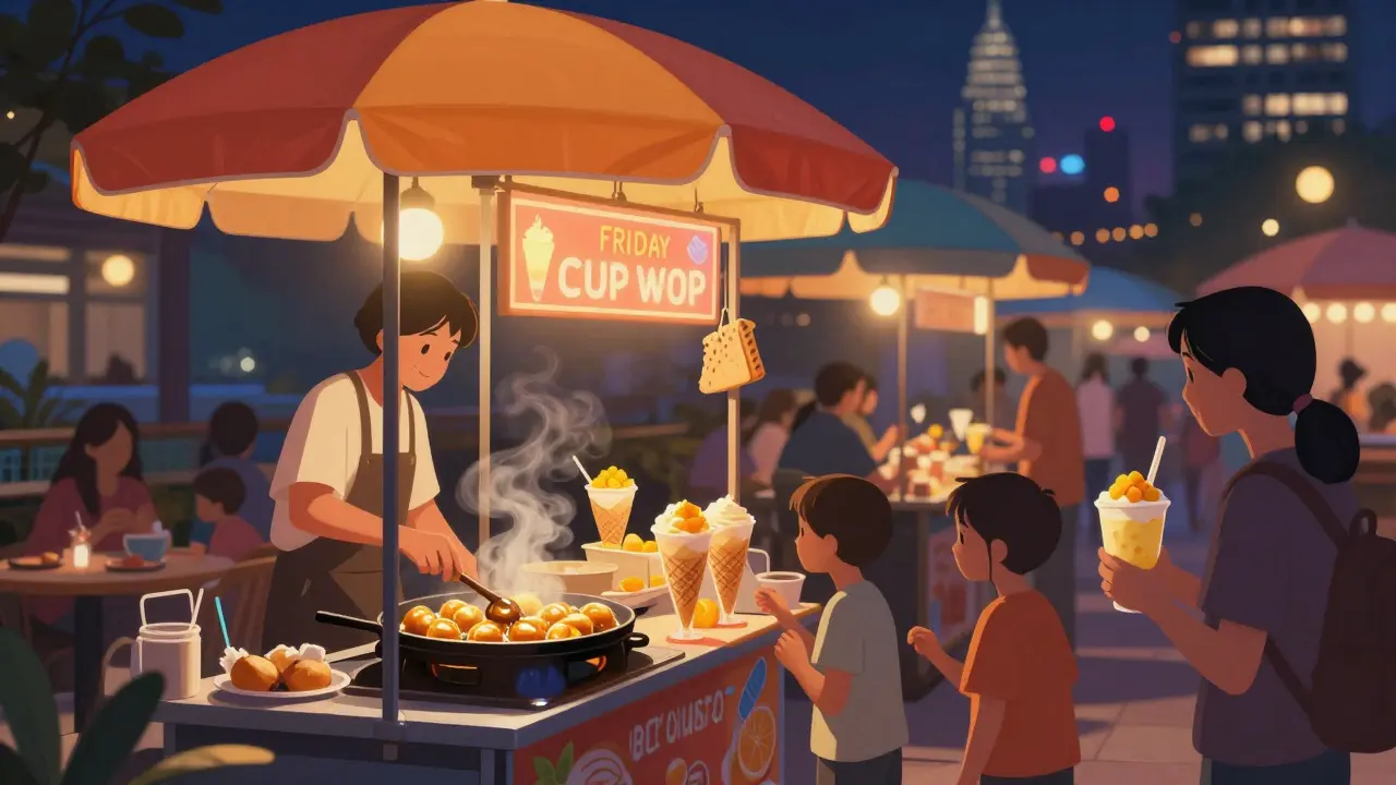 Vibrant food market at Marina Mall with vendors serving sweet luqaimat and fresh mango lassi at night.