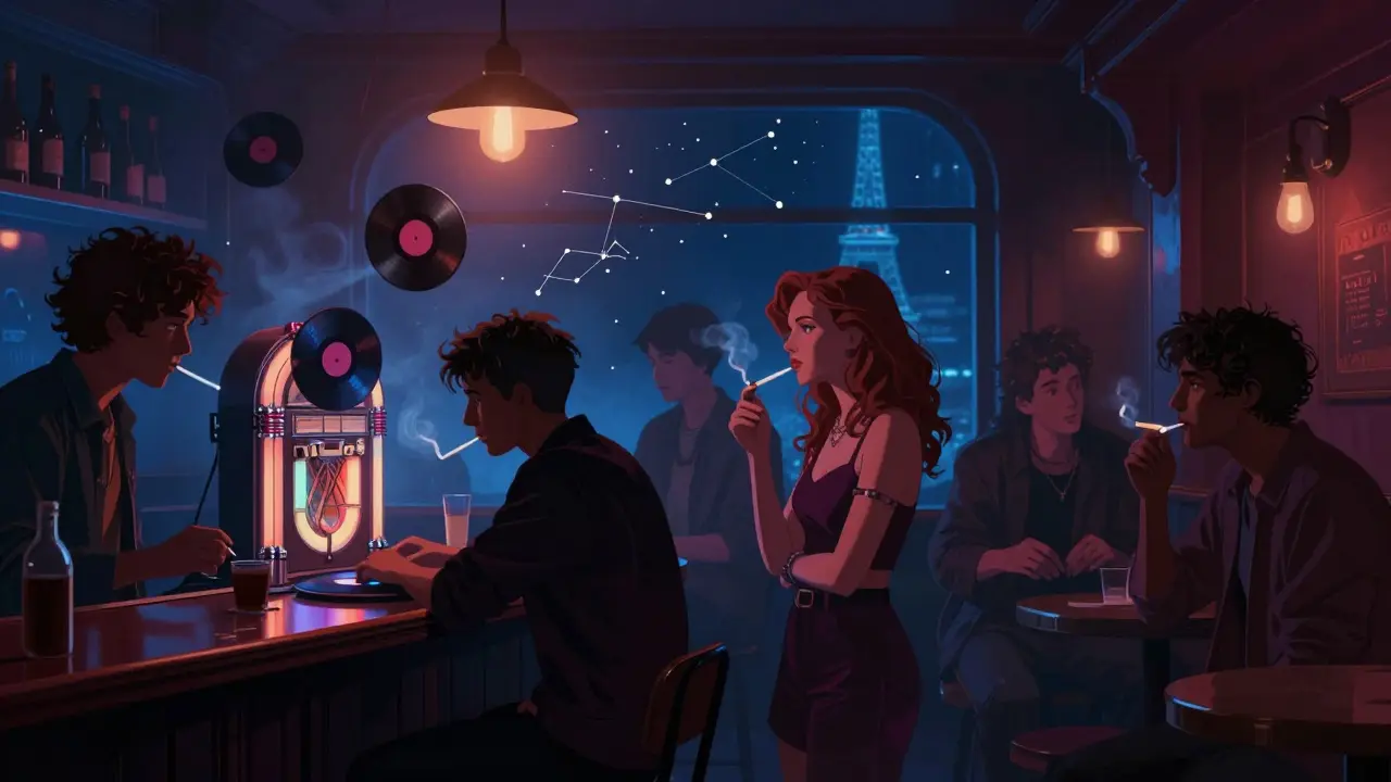 Vibrant underground bar with floating records, smoky atmosphere, and a faint Eiffel Tower in the distance.