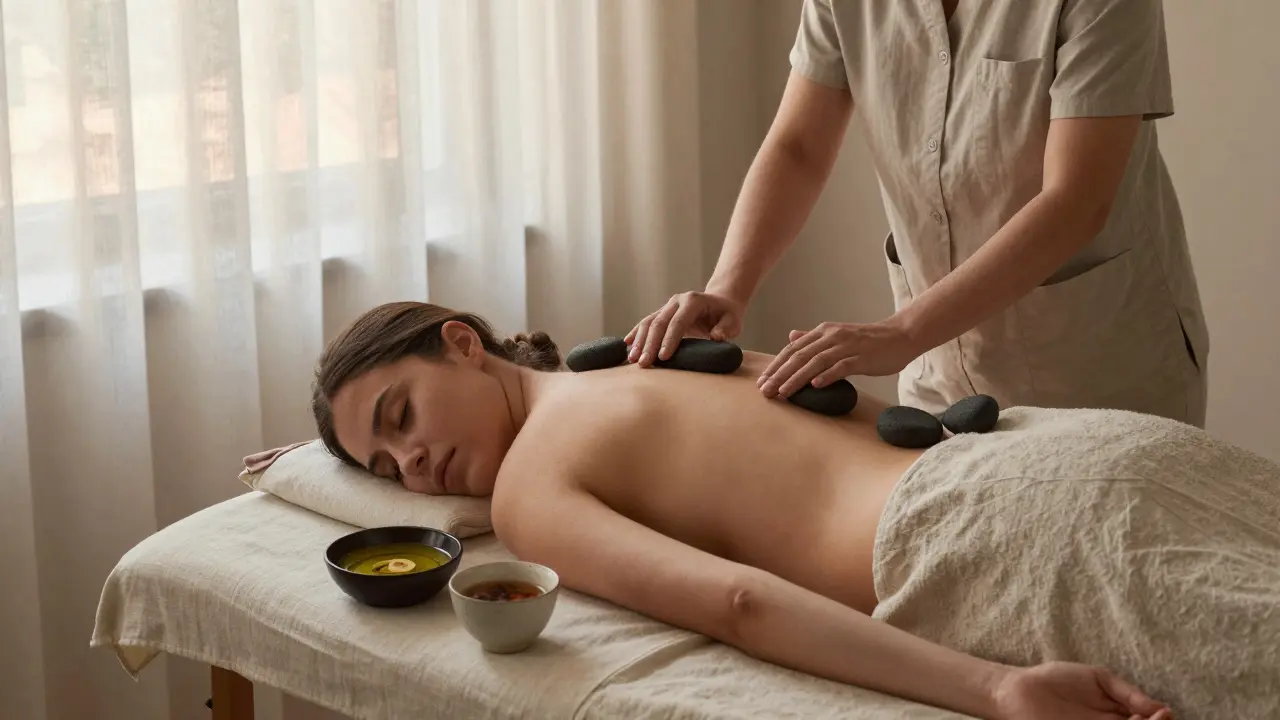 Warm volcanic stones rest on a client's back during a tantric session, surrounded by soft light and organic textures in a tranquil Milan studio.